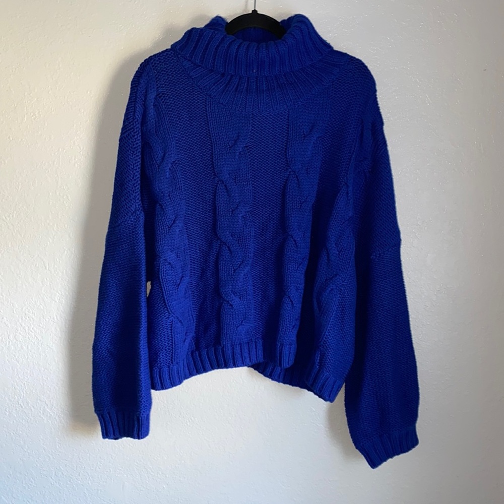 Blue Cropped Cableknit Turtleneck Sweater